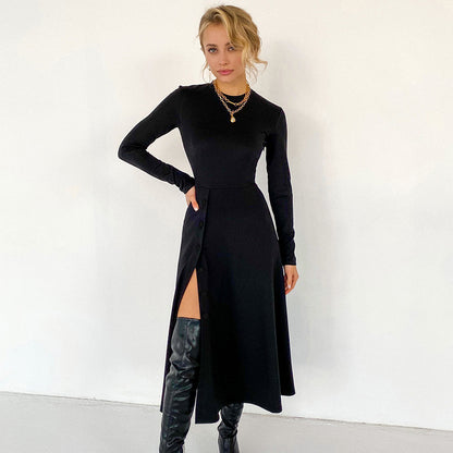 Spring Autumn  Women Clothing Long  Slit Graceful Fashionable Tight Waist Slim-Fit Long Sleeve Milk Silk Dress