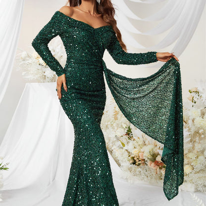 Dress Premium Sequined off Shoulder Long Sleeve Ball Gown Fishtail Dress