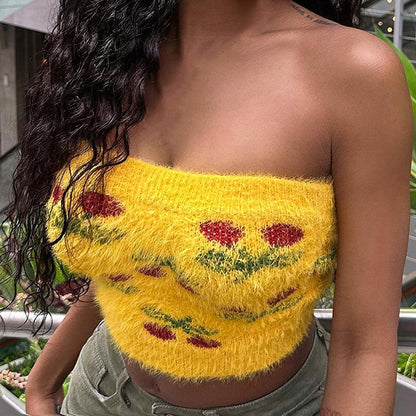 Knitted Plush Floral Tube Top Autumn Sexy Sexy Slim Fit Inner Wear Sweater Vest