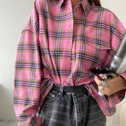 Retro Classic Plaid Shirt Pink Plaid Top   Collared Loose Shirt