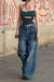 Street Women Zipper Pocket Stitching Washed Gradient Loose Wide Leg Pants Heavy Industry Denim Mop Trousers Summer