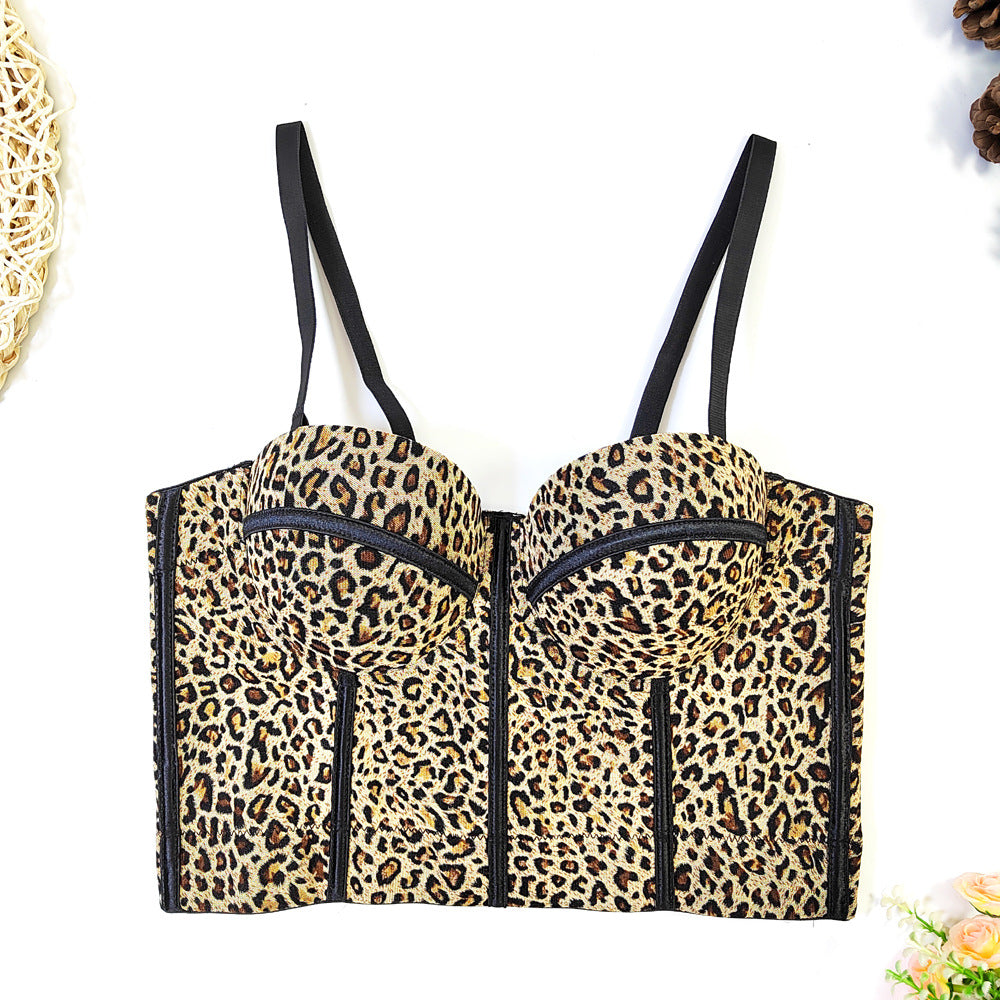 French Mesh Floral Boning Corset Camisole Women Summer Inner Wear Outer Wear Sexy Leopard Print Short Top with Chest Pad