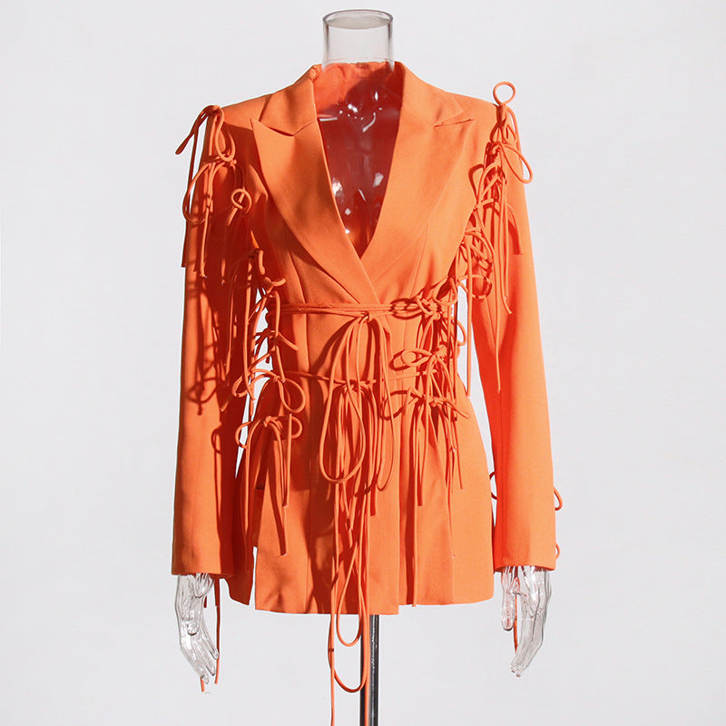 Fall Trendy Niche Design Stitching Drawstring Lace up Waist Controlled Slimming Blazer Women  Clothing