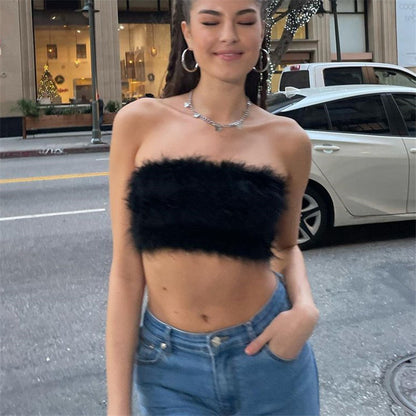 Spring Sexy Fried Street Women Clothing Sexy Off The Shoulder Sling Sweet Furry Ultra Short Vest