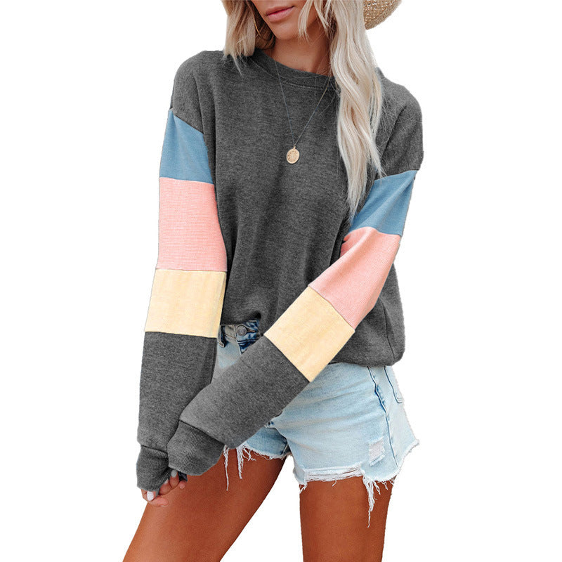 Pullover Sweatshirt Women Spring Autumn Round Neck Long Sleeve Contrast Color Long Sleeve T Shirt Women