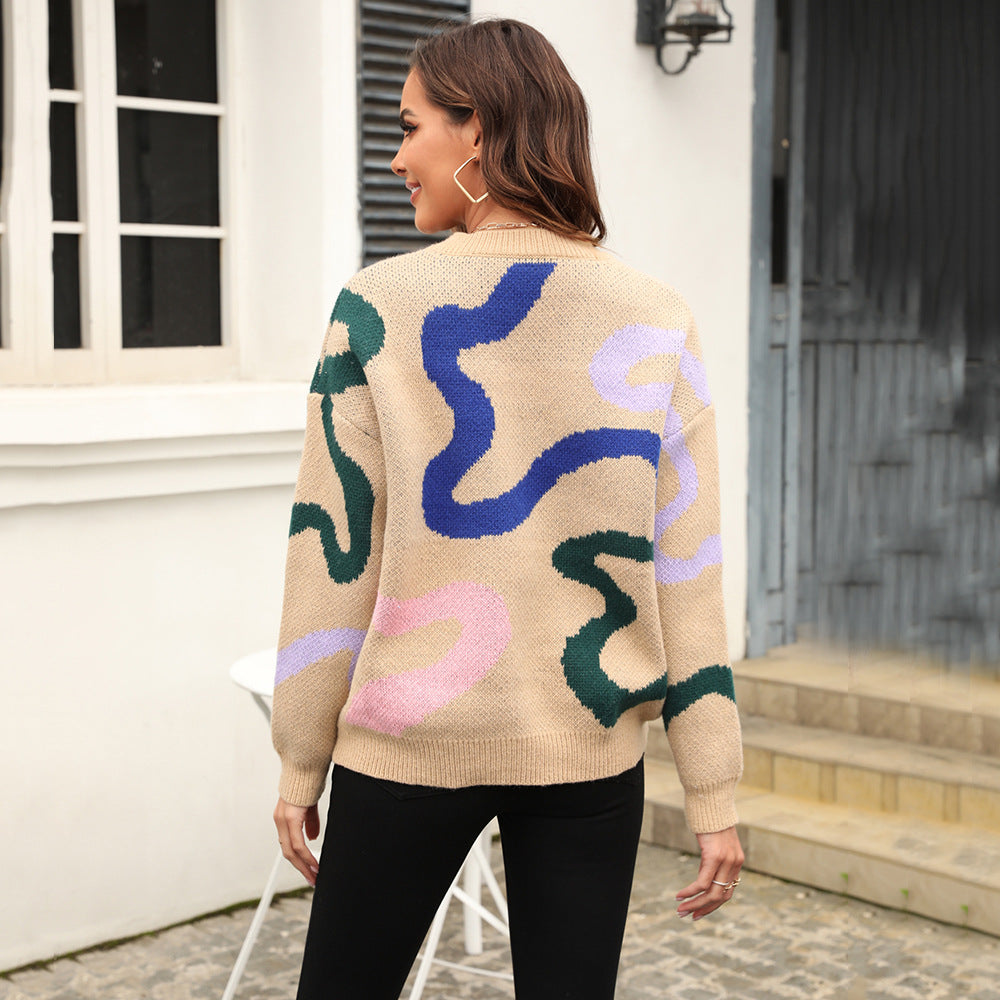 Autumn Winter round Neck Knitwear Geometric Abstract Figure Loose Pullover