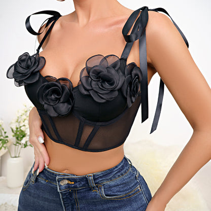 Steel Ring Boning Corset Floral Mesh Slim Fit See Through Beauty Back Sexy Sling Vest