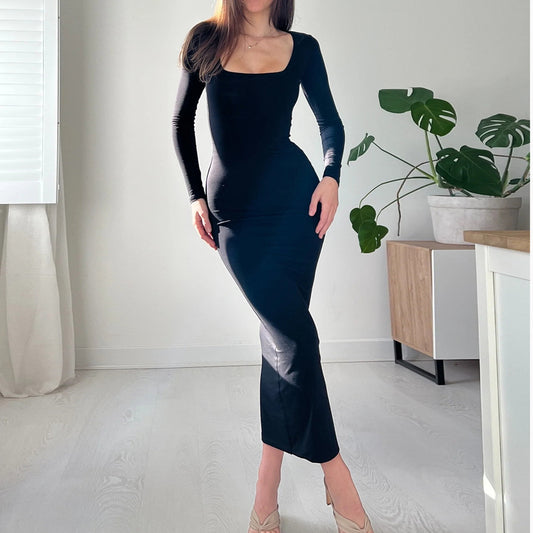 Long Sleeve Midi Length Dress Solid Color Black Office Dress Women Clothing