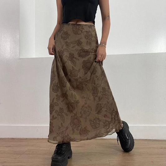 Vintage Small Floral Printed Elegant Mesh Long Skirt Women Clothing