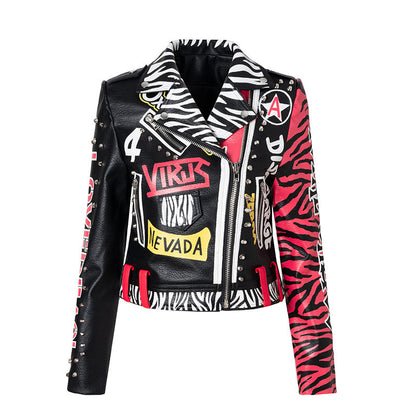 Rivets Alphabet Graffiti Print Biker Leather Jacket Women