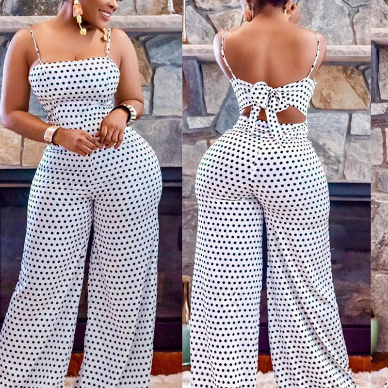 Women Wear Spot Print Chest Wrapped Suspender Jumpsuit