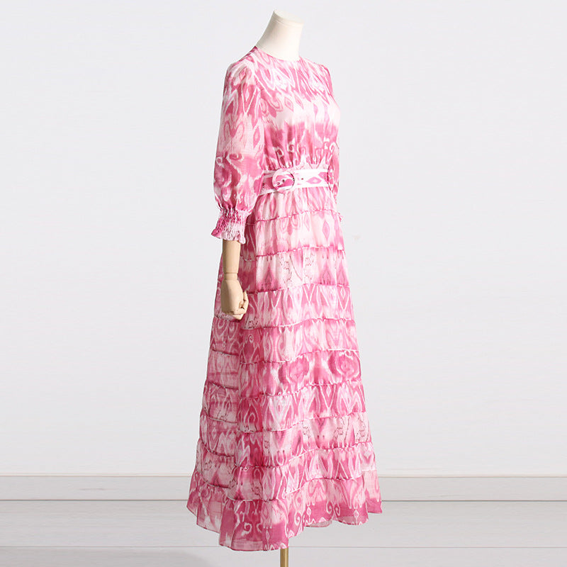 Autumn Socialite Round Neck Niche Design High Waist Slimming Printed Maxi Dress Women