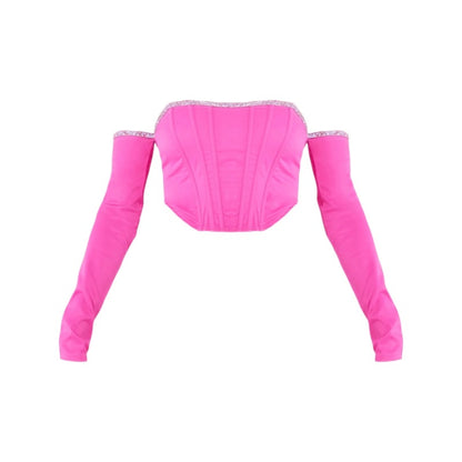 Sweet   Sexy Rhinestone Strip Women  Clothing Solid Color Slim Fit Boning Corset Sleeve Chest Wrap Women