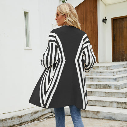 Autumn Winter V-neck Rhombus Stripe Cardigan Women Women Clothing Colorblock Sweater Coat Women