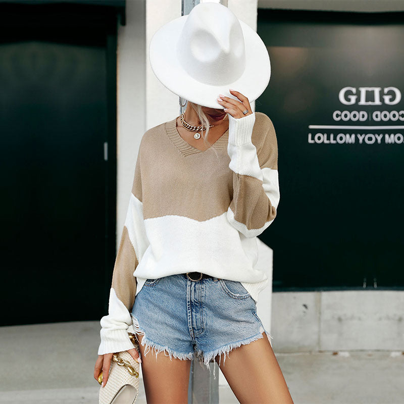 Long Sleeve V neck Color Matching Sweater Autumn Top for Women