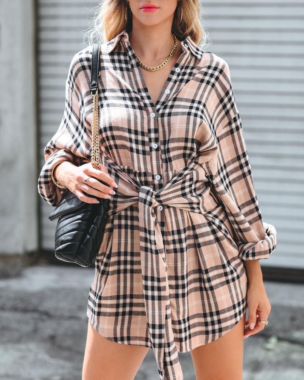 Autumn Winter Long Sleeve Plaid Shirt Lace up Waist Controlled Mid Length Women  Shirt Dress