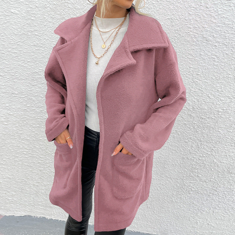 New Autumn Winter New  Women  Clothing Blazer Collar Solid Color Women  Long Plush Coat Top Women