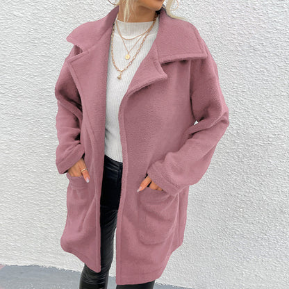 New Autumn Winter New  Women  Clothing Blazer Collar Solid Color Women  Long Plush Coat Top Women