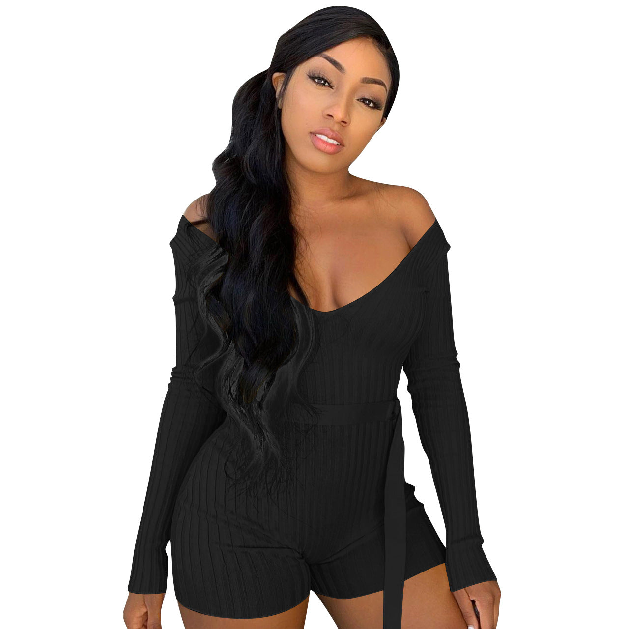 Women Clothing Homewear Bandage Solid Color Rib Fabric Cloth Women Clothing Romper