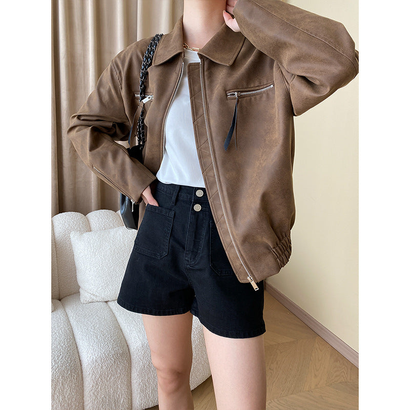 Modern Special Distressed Mottled Early Autumn Zipper Shape Leather Jacket Coat