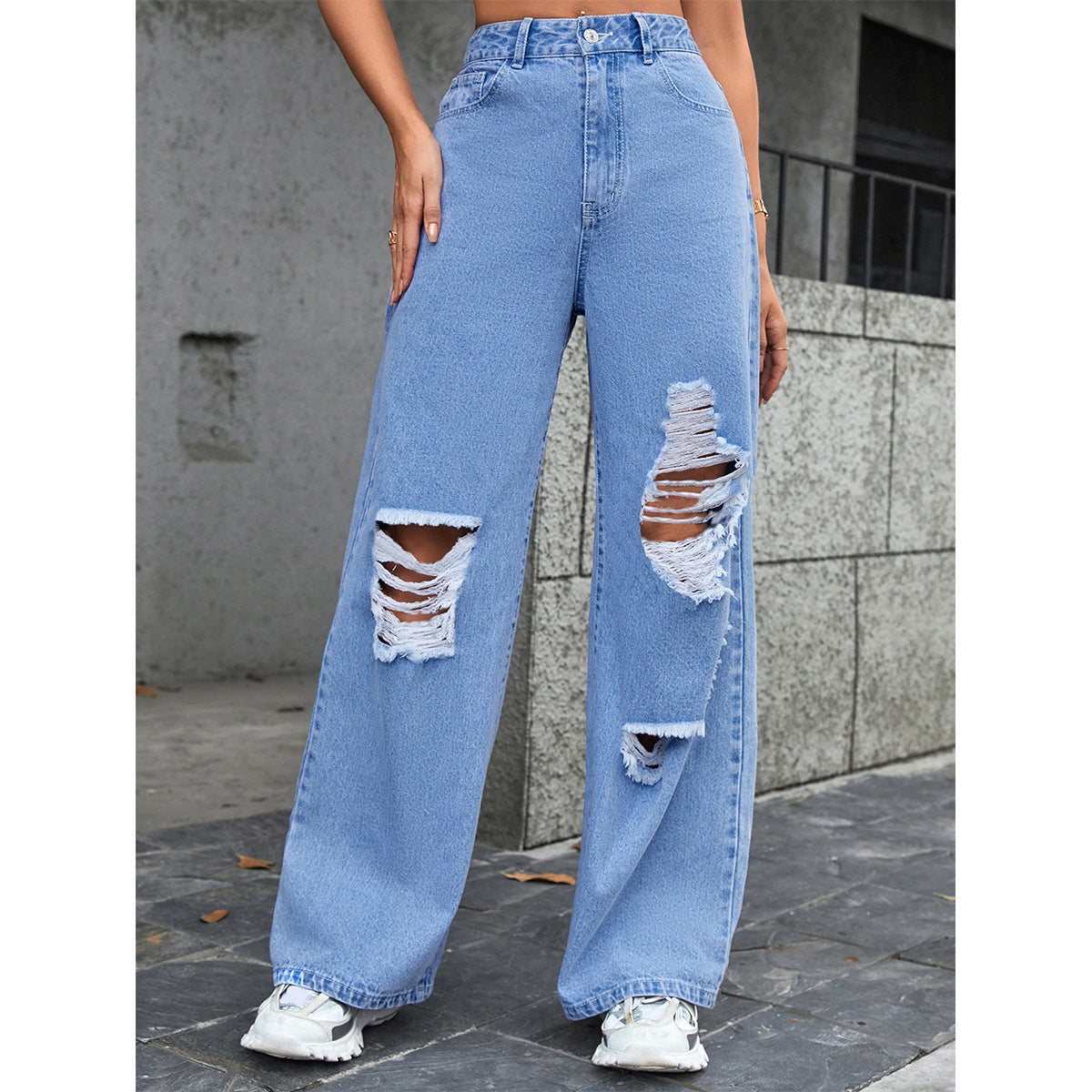 Women Clothing Trendy High Waist Wide Leg Loose Straight Ripped Denim Pants