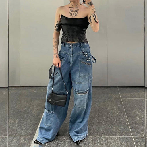 Street Women Zipper Pocket Stitching Washed Gradient Loose Wide Leg Pants Heavy Industry Denim Mop Trousers Summer