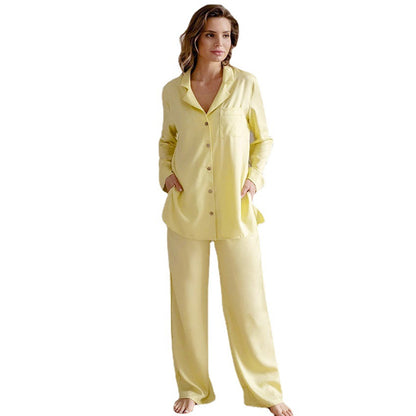 French Yellow Artificial Silk Long Sleeve Trousers Simple Solid Color Home Wear Women Pajamas