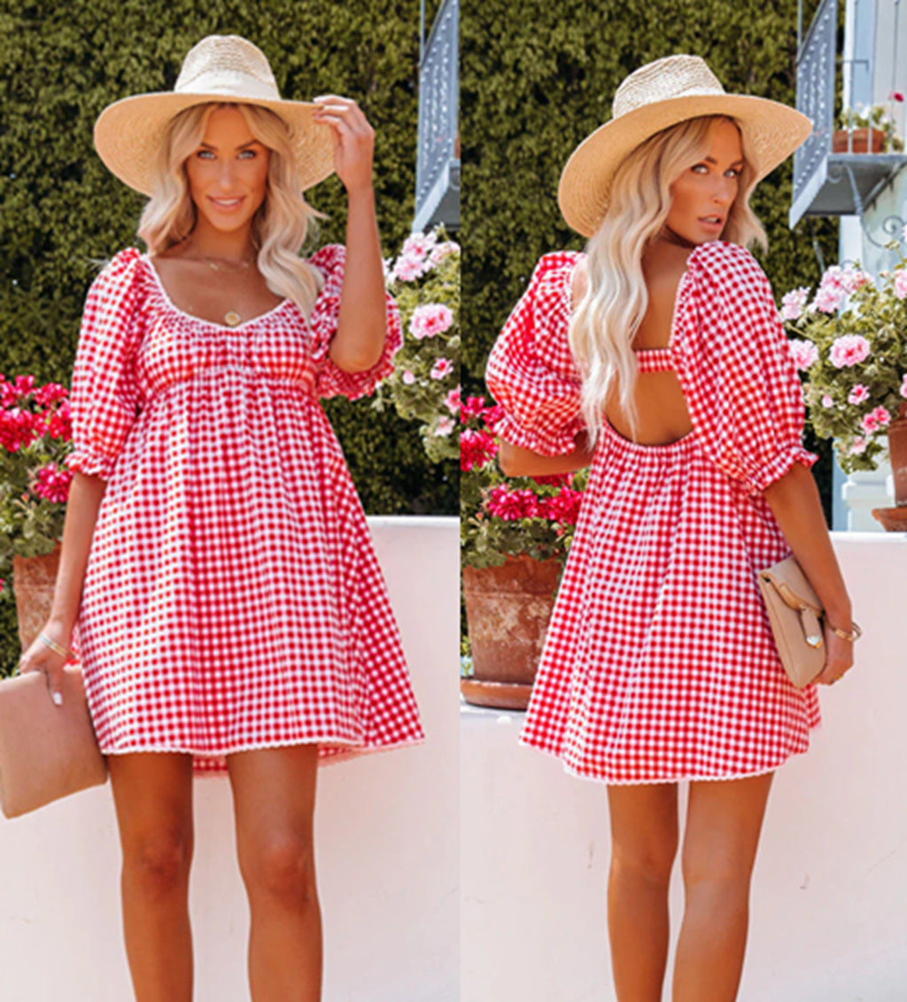 Women Clothing Summer New Sweet Plaid V-neck Stitched Backless Waist Babydoll Dress