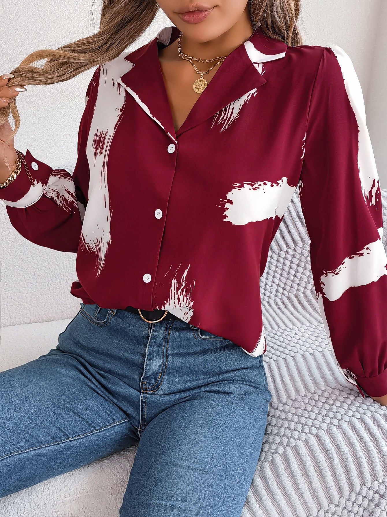 Autumn Winter Contrast Color Striped Collar Long Sleeve Shirt Women Clothing