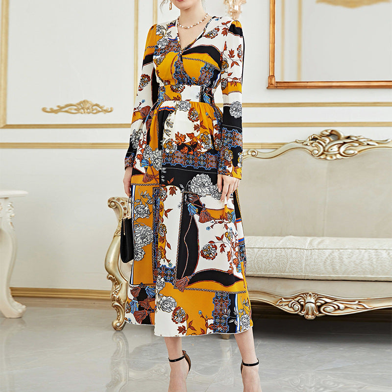 Dress Digital Printing V neck Long Sleeve Maxi Dress Age Reducing Elegant Dress