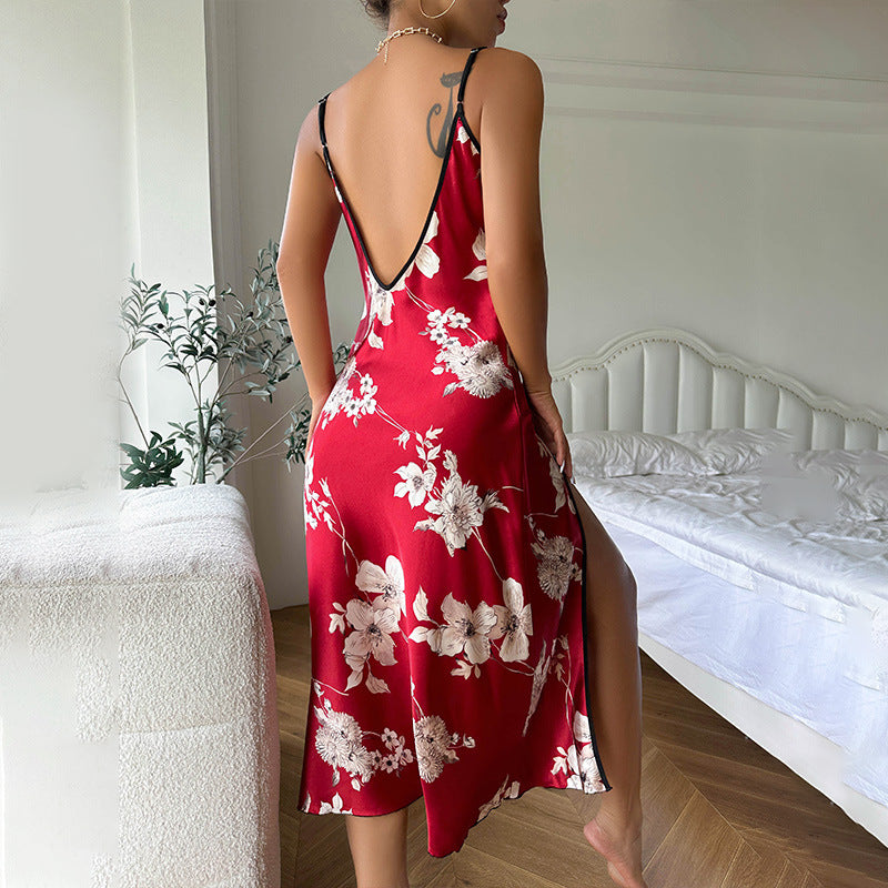 Sexy Print Suspender Summer Thin Breathable Imitated Silk Pajamas Women Backless Slit Slip Nightdress