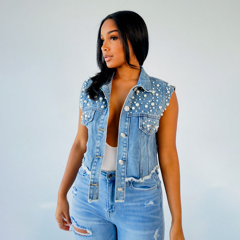 Sexy Denim Vest Women Summer Trendy Beading Denim Top