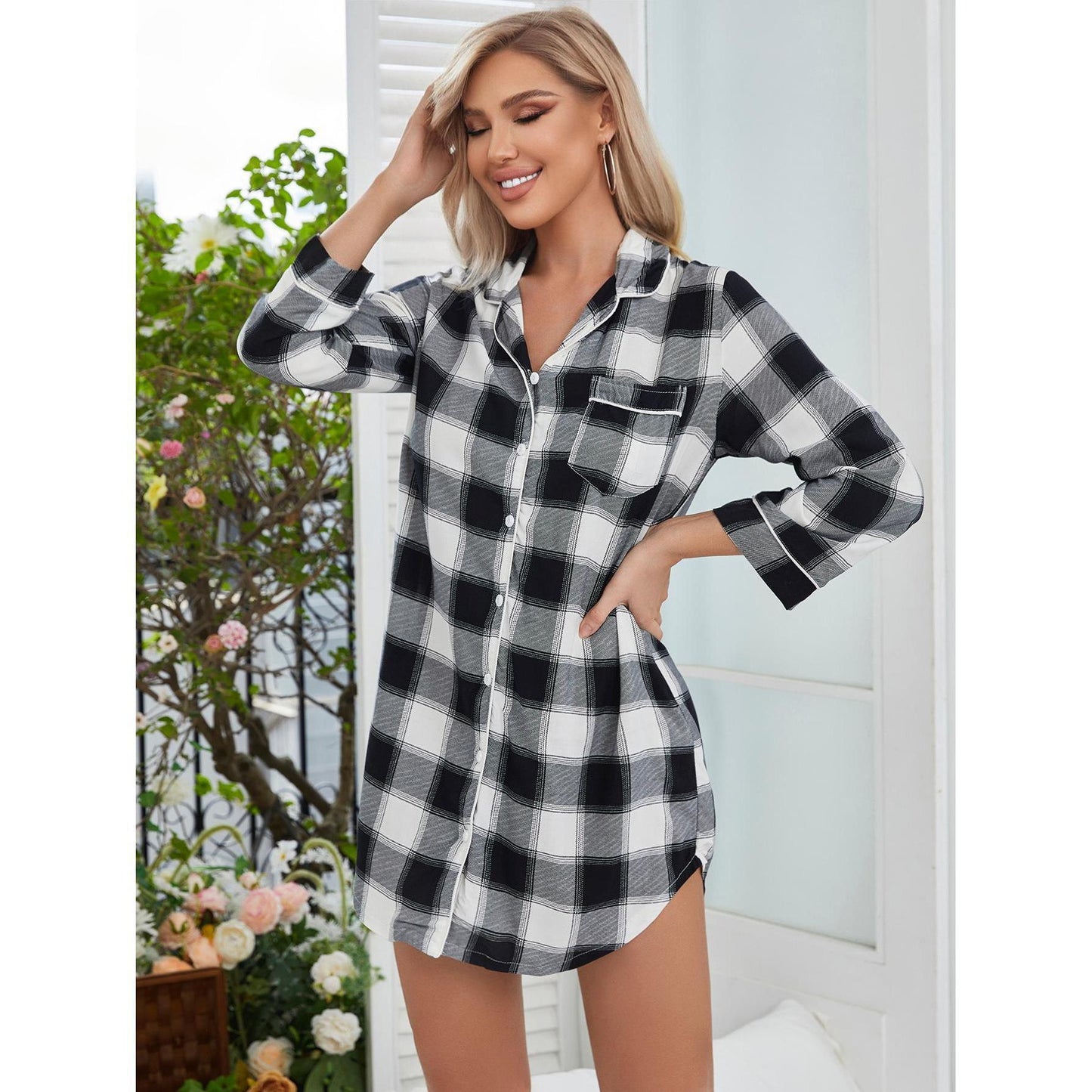 Nightdress Summer Plaid Long Sleeved Shirt Night Dress Women  Home