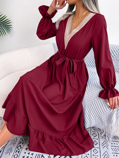 Spring Summer V neck Lace Waist Trimming Ruffles Maxi Dress Women Clothing