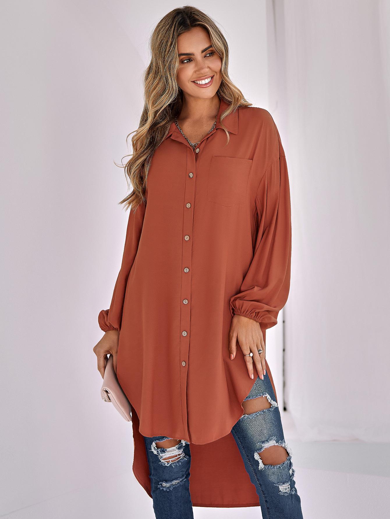 Autumn Winter Women Casual Solid Color Loose Long Collared Shirt Women