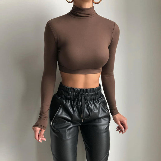Fall Women Clothing Sexy Slim Fit Short Bottoming Long Sleeved Turtleneck Top