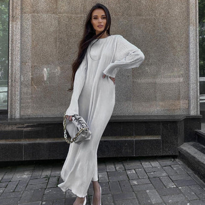 Women  Clothing Dress Pleated round Neck Long Sleeve Solid Color Loose Maxi Dress Slimming Casual