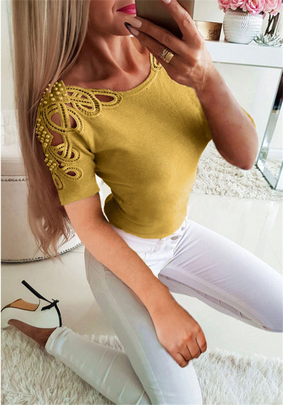 Short Sleeve T-Shirt Sexy Hollow Slim Shoulder Lace Women's Top