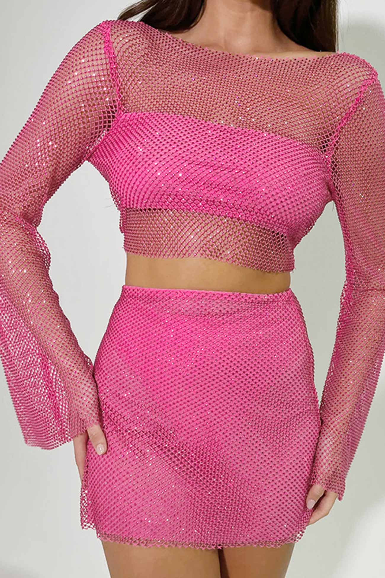 Sequins Mesh Crop Top Mini Skirt Set