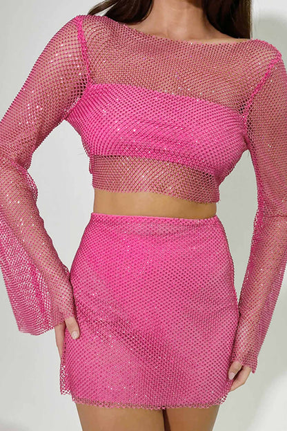 Sequins Mesh Crop Top Mini Skirt Set