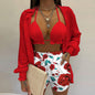 Women's Solid Color Long Sleeve Shirt And A Triangle Bikini And Shorts Three-Piece Set