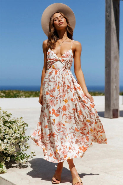 V Neck Floral Print Ruched Cami Dress