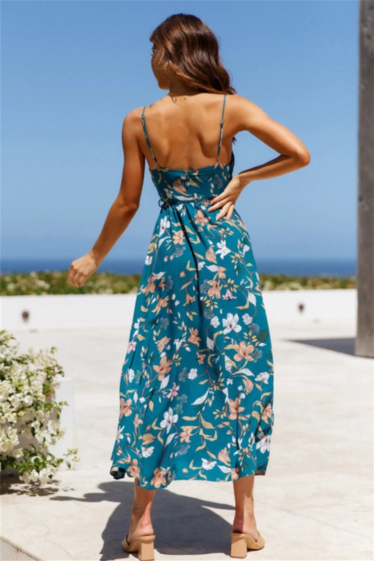 V Neck Floral Print Ruched Cami Dress