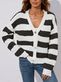 Women's European and American autumn and winter V-neck three button long sleeve striped sweater