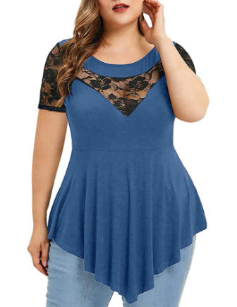 Plus Size Floral Lace Short Sleeve Irregular Hem Women's Top