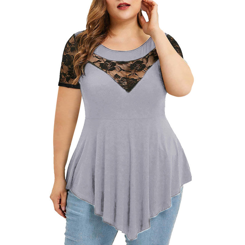 Plus Size Floral Lace Short Sleeve Irregular Hem Women's Top