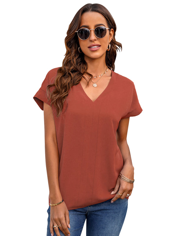 Women's solid V-neck short sleeve T-shirt