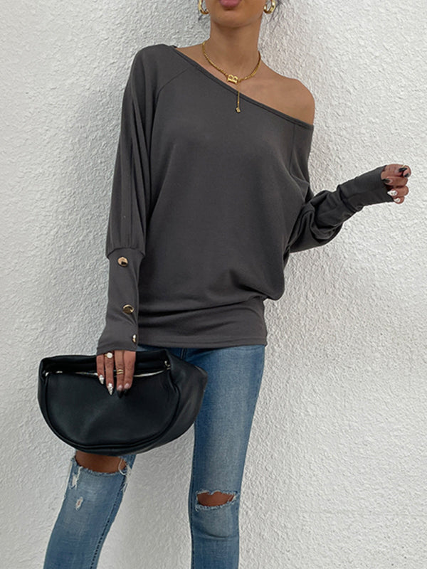 Women's Fashion Round Neck Pullover Doll Sleeve Button T-Shirt Top