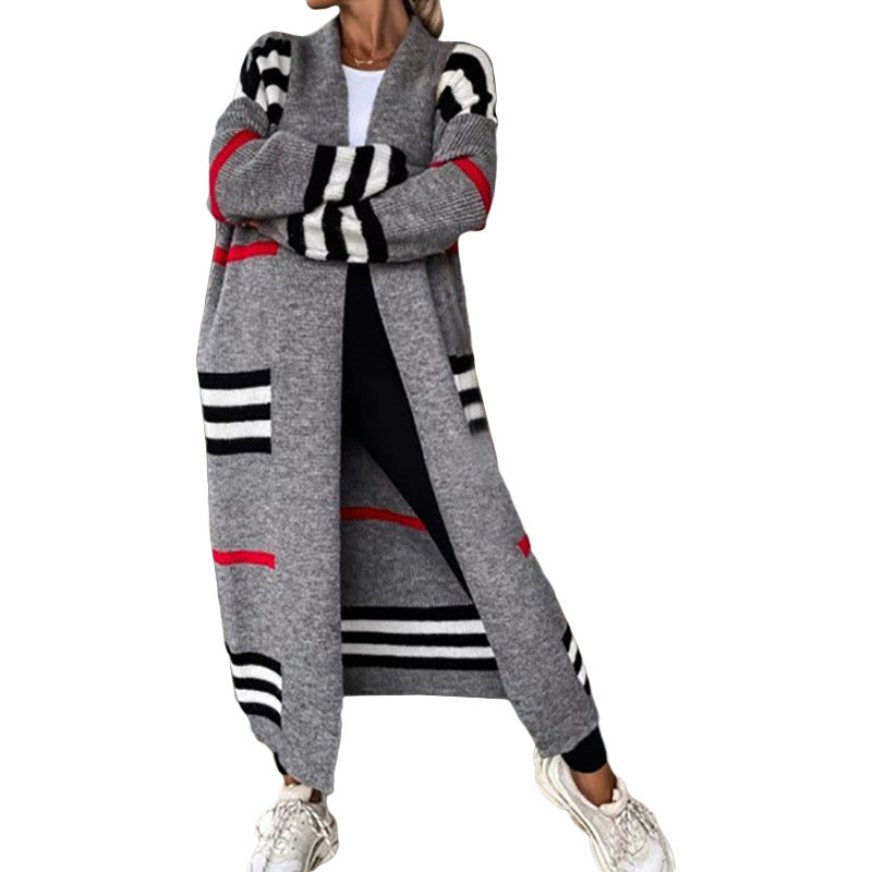 Women's long color block striped cardigan