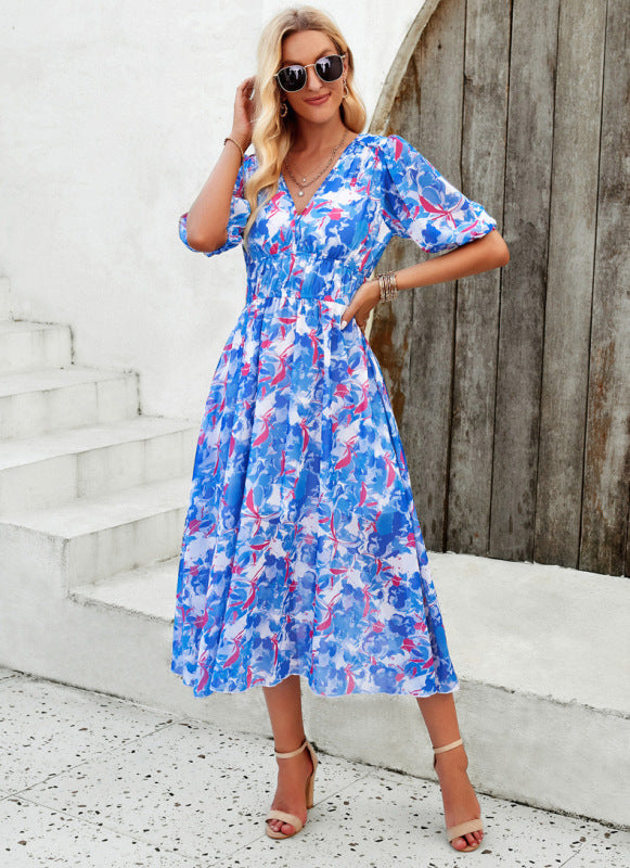 Elegant printed waist V-neck long dress